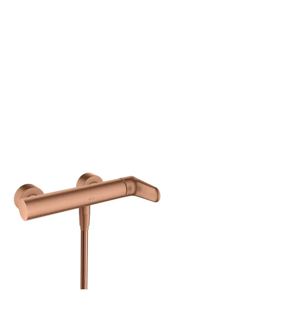 Aufputz-Brausemischer in gebürstetem Rotgold von AXOR, mit einem schlanken Design und einem seitlichen Auslauf. Montagemöglichkeit an der Wand.